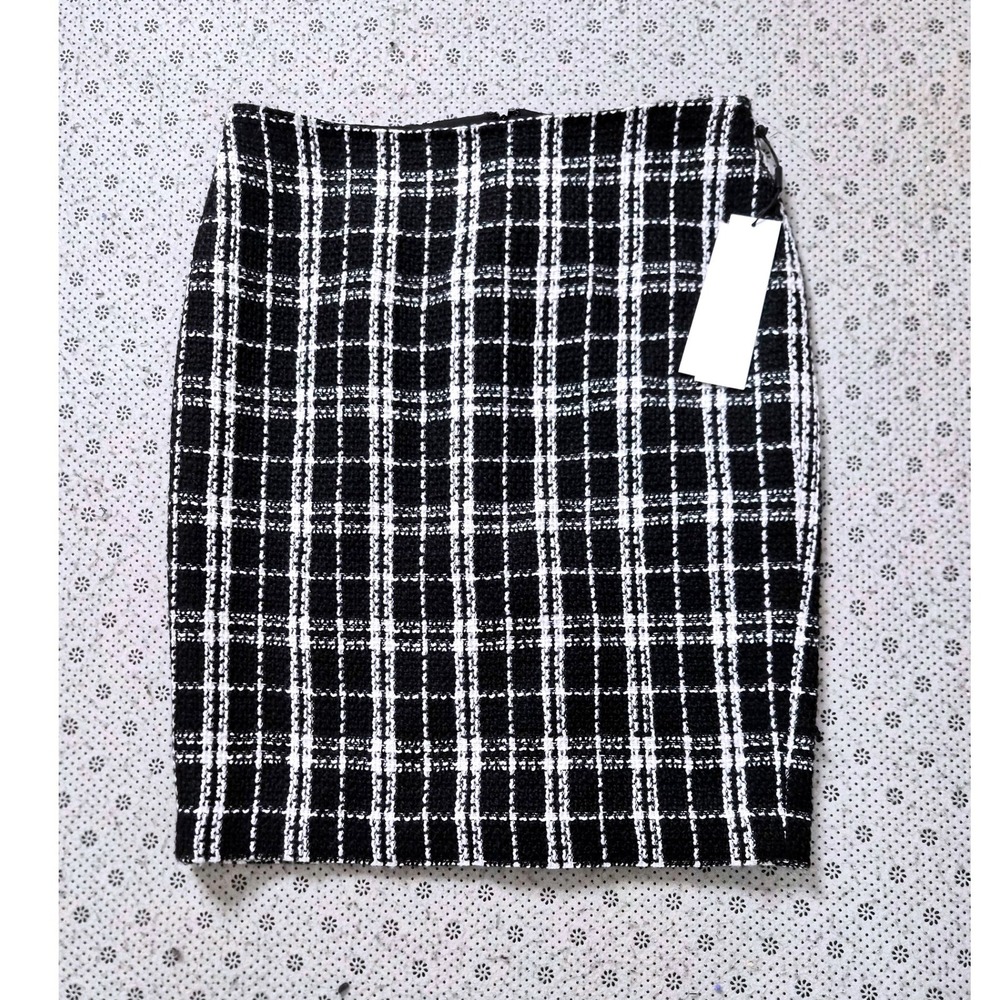 NWT Calvin Klein Black White Plaid Tweed Pencil Skirt Size 10